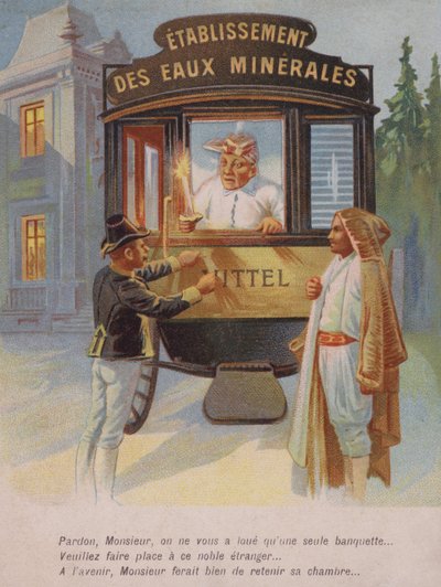 Man wordt gevraagd zijn kamer te delen met een vreemdeling (chromolitho) door French School