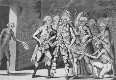 Man in assignaten:... groep afgevaardigden op zoek naar een Brissoter (Jacques Pierre Brissot de Warville 1754-1793) Anoniem. Prent. 1791 door French School