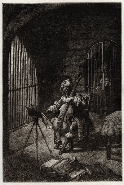 De Man met het IJzeren Masker, spelend op de cello in de gevangenis - gravure uit 
