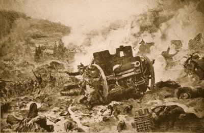 Man tegen man eindelijk! Franse infanterie achtervolgt een vluchtende Duitse batterij in een regenachtig dal van de Argonne door French School