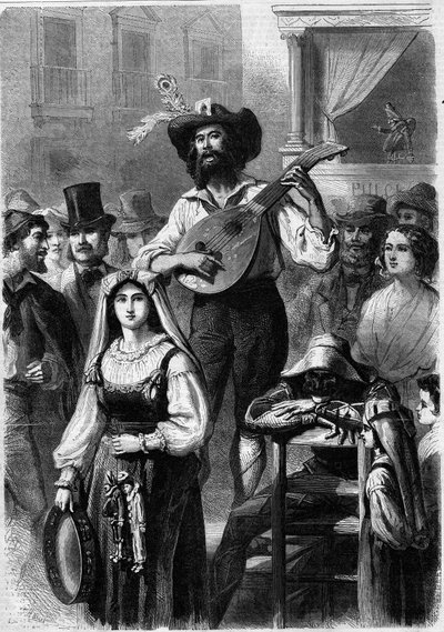 Mandolinespeler in een straat in Italië door French School