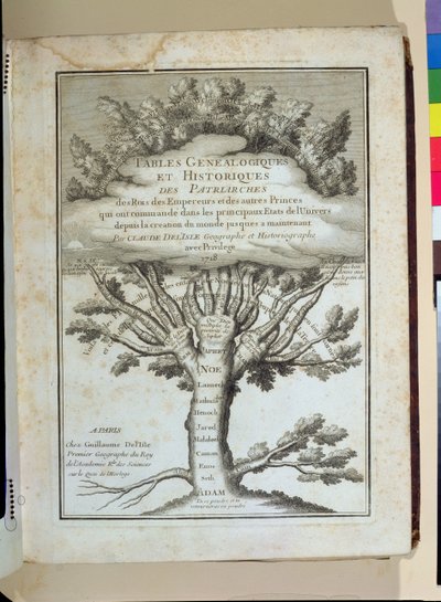 Stamboom van de mensheid, frontispice voor Tables Genealogiques et Historiques des patriarches, des Rois, des Empereurs door Claude Delisle (1644-1720), gepubliceerd in Parijs, 1718 door French School