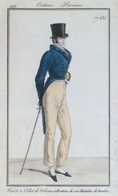 Mannenkostuum met fluwelen kraag, zijden knopen en nankeenbroek, 1816 door French School