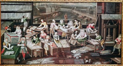 Fabricage van speelkaarten in een huis op de Place Dauphine (ontwerp voor een waaier, gouache op papier, ca. 1680) door French School