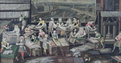 Fabricage van speelkaarten in een huis op de Place Dauphine, ontwerp voor een waaier, c.1680 door French School