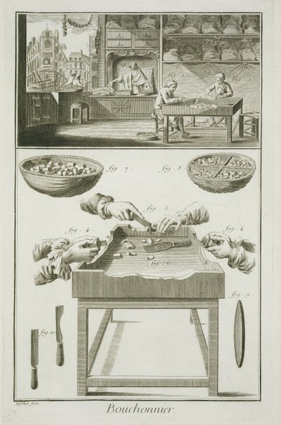 Vervaardiging van flessenkurken, uit de Encyclopedie des Sciences et Metiers door Denis Diderot (1713-84) gepubliceerd ca. 1770 door French School