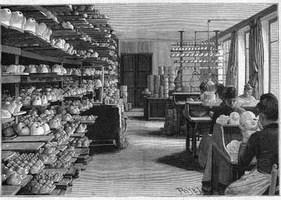 Fabricage van Montreuil-poppen in 1888. Kamer voor het drogen van poppenhoofden voor het koken en decoupage van ogen. door French School
