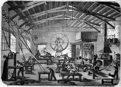 Fabricage van jaloezieën in de werkplaatsen van Hippolyte Chameroy door French School