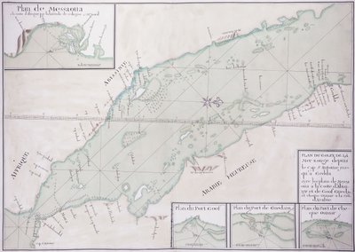 Manuscriptkaart van het zuidelijke deel van de Rode Zee van de Hoorn van Afrika en Jemen tot Jiddah, ca. 1740 door French School