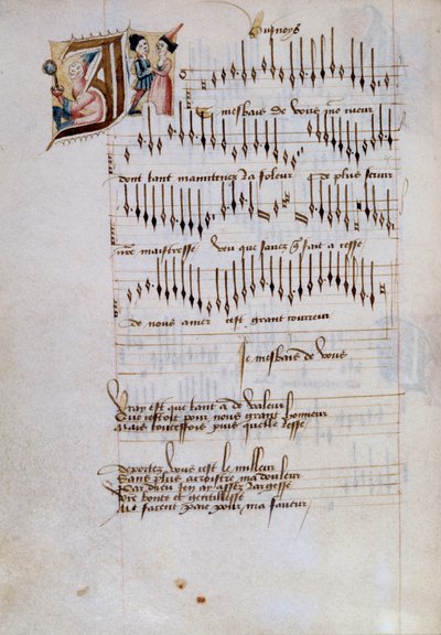 Manuscriptpagina van een verzameling Franse liedpartituren. 15e eeuw. Dijon, Gemeentelijke Bibliotheek door French School