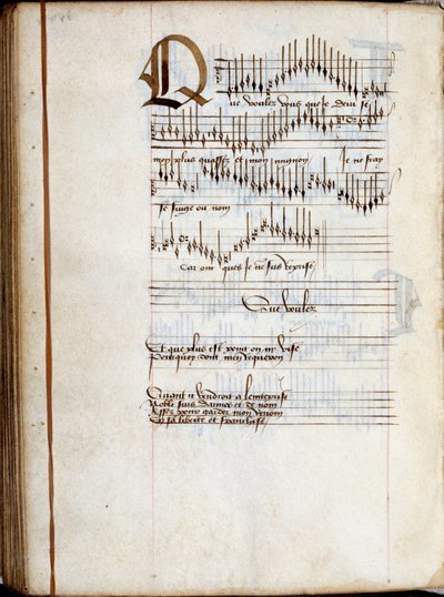 Manuscriptpagina van een verzameling Franse liedpartituren. 15e eeuw. Dijon, Gemeentelijke Bibliotheek door French School