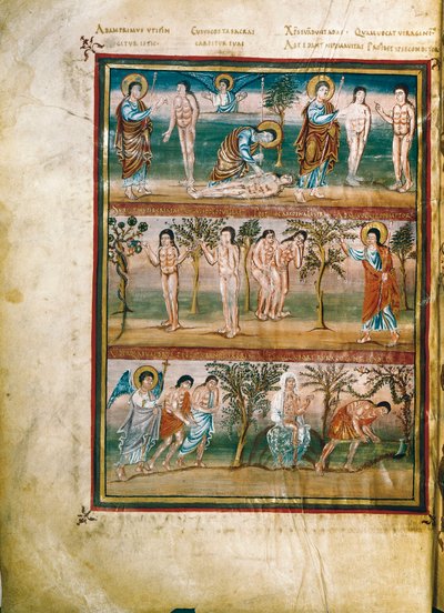 Manuscriptpagina met episodes uit het leven van Adam en Eva: schepping van Adam en Eva. De erfzonde. Verdrijving uit het Paradijs (miniatuur) door French School