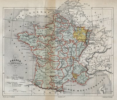 Kaart van Frankrijk bij de dood van Lodewijk XIV in 1715 - gravure in 
