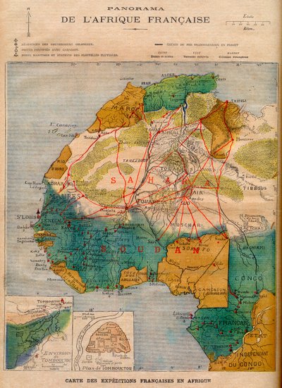 Kaart van Franse expedities in Afrika, illustratie uit 