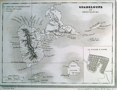 Kaart van Guadeloupe en zijn afhankelijkheden door French School