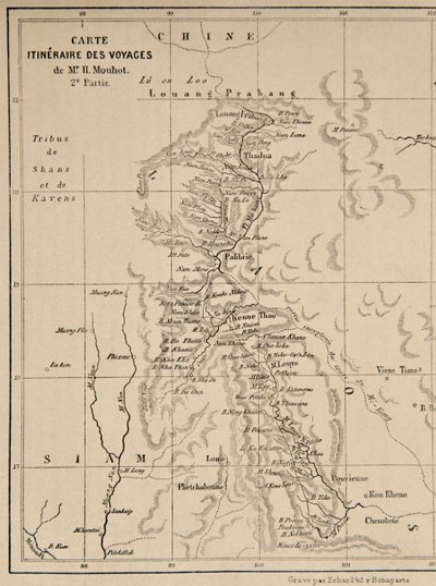 Kaart van Laos en de Mekong-rivier met de route van de reis van Henri Mouhot, illustratie uit Travels in the Central Parts of Indo-China (Siam), Cambodia, and Laos During the Years 1858, 1859 door French School