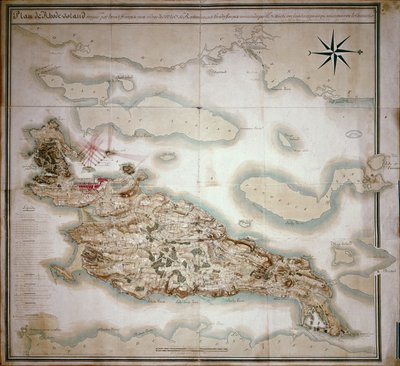 Kaart van Rhode Island ten tijde van de bezetting 1780-81 door het Franse leger op bevel van Jean-Baptiste de Vimeur, graaf van Rochambeau door French School