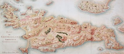 Kaart van Rhode Island ten tijde van de bezetting 1780-81 door het Franse leger op bevel van Jean-Baptiste de Vimeur, graaf van Rochambeau door French School