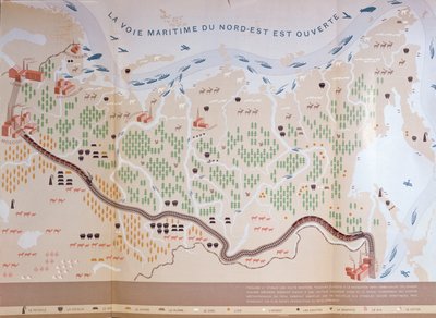 Kaart van Siberië met de immense natuurlijke hulpbronnen van het gebied en een zeeroute die handel zou openen, 1933 door French School
