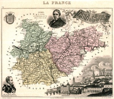 Kaart van Tarn-et-Garonne met een uitzicht op Montauban en portretten van Ingres en Jean Parisot de La Valette (kleur litho) door French School