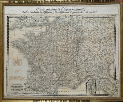 Kaart van het Franse Keizerrijk (Eerste Keizerrijk) geborduurd door de studenten van het keizerlijke huis van het Legioen van Eer van Saint Denis. Borduurwerk uit 1809. Ile d