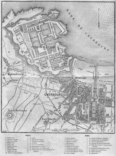 Kaart van de stad en haven van Cherbourg, Manche (50) door French School