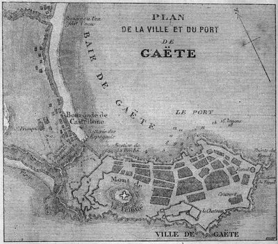Kaart van de stad en haven van Gaeta, Italië. door French School