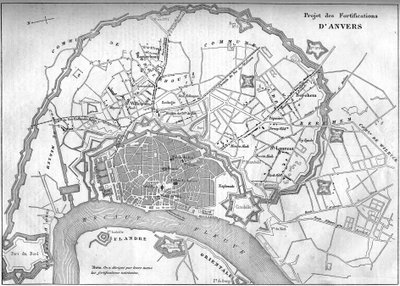 Kaart van de stad Antwerpen (België) in 1859; die het project van de nieuwe vestingwerken weergeeft. Gravure in 