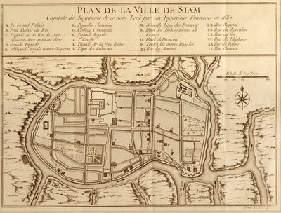 Kaart van de stad Siam, hoofdstad van het gelijknamige koninkrijk na een onderzoek door een Franse ingenieur in 1687, gepubliceerd in de 1751 editie van Histoire Generale des Voyages door Antoine Prevost door French School