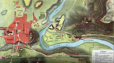 Kaart van het land van Lourdes in 1877: toont de locatie van het huis van Bernadette Soubirous, de grot waar ze de Maagd Maria zou hebben gezien, evenals de basiliek, de kloosters van de Karmelieten en Benedictijnen, en het bisschoppelijk paleis. Hoge Pyre door French School
