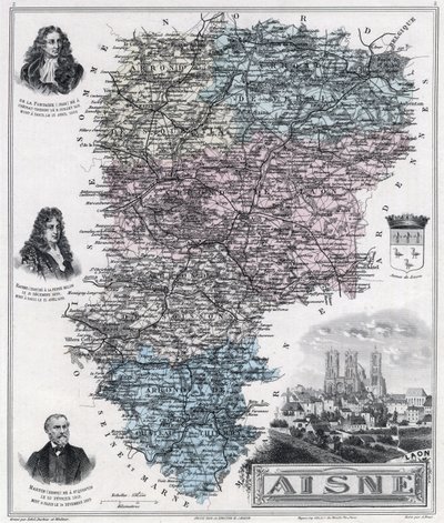 Kaart van het departement Aisne (gravure 1889) door French School