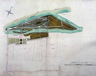 Kaart van de tuin van Moulin Joly. Plaat van de atlas van plannen van het grondgebied van Colombes (1780), bewaard in de Nationale Archieven. door French School