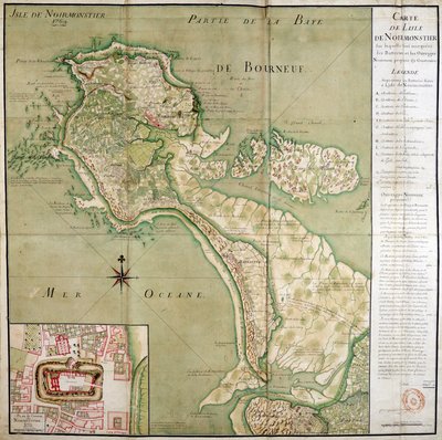 Kaart van het eiland Noirmoutier vergezeld van een kaart van het kasteel, gemaakt in 1769 door French School