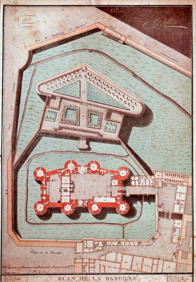 Kaart van de gevangenis en de tuinen van de Bastille (gravure) door French School