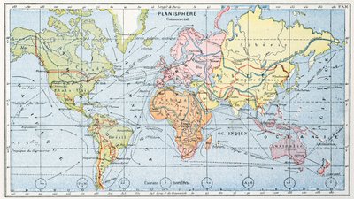 Kaart met de belangrijkste wereldhandelsroutes, 1912 door French School