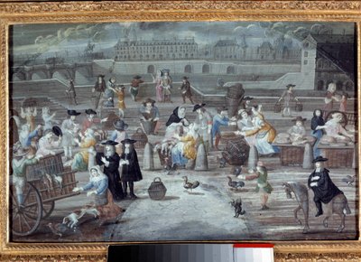 Markt voor gevogelte en brood, quai des Grands Augustins in Parijs in 1660. Anoniem Frans schilderij door French School