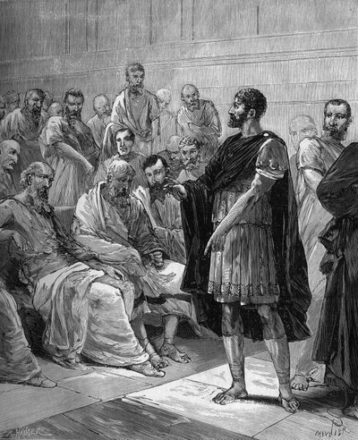 Marcus Atilius Regulus voor de Romeinse Senaat - De Romeinse consul Marcus Atilius Regulus voor de Romeinse Senaat - in "Popular history of science, inventions and discoveries" door Bitard Adolphe 1880 door French School