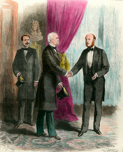 Marechal Mac Mahon (1808-1898) bezoekt de nieuwe president van de republiek Jules Grevy (1807-1891) na de presidentsverkiezingen in 1879. Privécollectie. door French School
