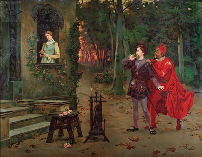 Marguerite, Faust en Mephisto. Scène uit Faust door Charles Gounod (1818-1893). circa 1900. door French School