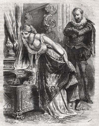 Marguerite de Valois (1553-1615), bekend als Koningin Margot, verbergt Julien de Leris, haar minnaar, in een kluis. Haar echtgenoot, Koning Hendrik IV van Frankrijk (1553-1610), observeert de scène met plezier. 16e eeuw. Gravure uit 1871 in 