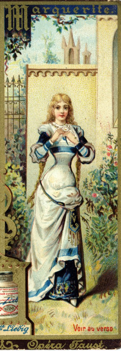 Marguerite in de opera Faust van Charles Gounod, gecreëerd in 1859, naar het stuk van Johann Wolfgang von Goethe. Alfabet van vrouwelijke namen op het thema: vrouwelijke kostuums en opera