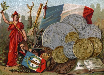 Marianne naast de Franse Tricolore vlag, een wereldbol en telescoop en een display van francs, ca. 1890 door French School