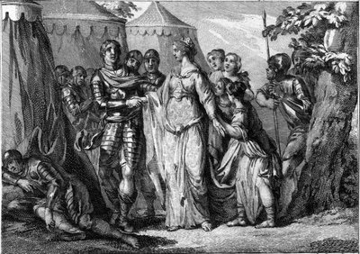 Huwelijk van Childeric I (ca. 436-481 of 482), koning van de Salische Franken, met Basin van Thüringen (445-491), in 463. Gravure uit de 18e eeuw door French School