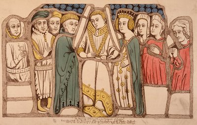Huwelijk van Hendrik VI van Engeland (1421 - 1471) en Margarita van Anjou (1429 - 1482) in 1445. Gravure uit 1793. Bibl. van Arts Deco in Parijs door French School