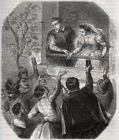 Huwelijk van Martin Guerre (circa 1524) en Bertrande de Rols in Artigat (Ariege) op 15 mei 1539. Gravure uit 1871 in 