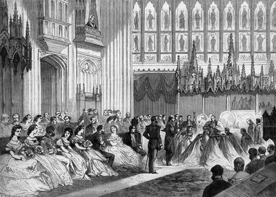 Huwelijk van de Prins van Wales, toekomstige koning Edward VII, met prinses Alexandra van Denemarken, gevierd op 10 maart 1863 in Windsor, Engeland. Gravure in "Le Monde Illustré" nr. 310 van 21 maart 1863 door French School