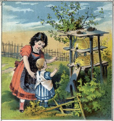 Martha toont het werk van de bijen in de bijenkorf aan haar kleine zusje. Chromolithografie uit 