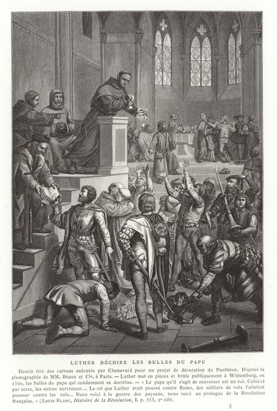 Maarten Luther verscheurt pauselijke bullen, Wittenberg, Duitsland, 1520 door French School