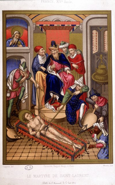 Martelaarschap van Sint Laurentius (grill) naar miniatuur van de Middeleeuwen, Frankrijk 14e eeuw. door French School