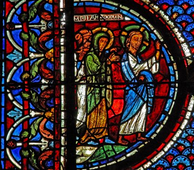 Het Maria Magdalena-raam: Maria, Martha en Jezus gaan naar het graf van Lazarus door French School